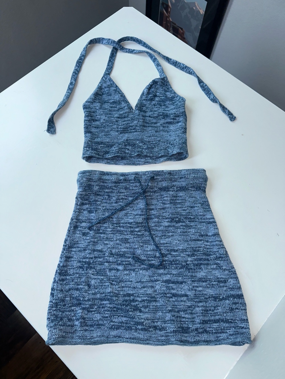 White Fox Boutique Blue Marled Knit Halter Crop Top & Skirt Set